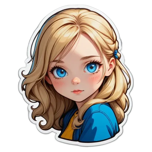 A cartoonish drawing of a girl with blue eyes.