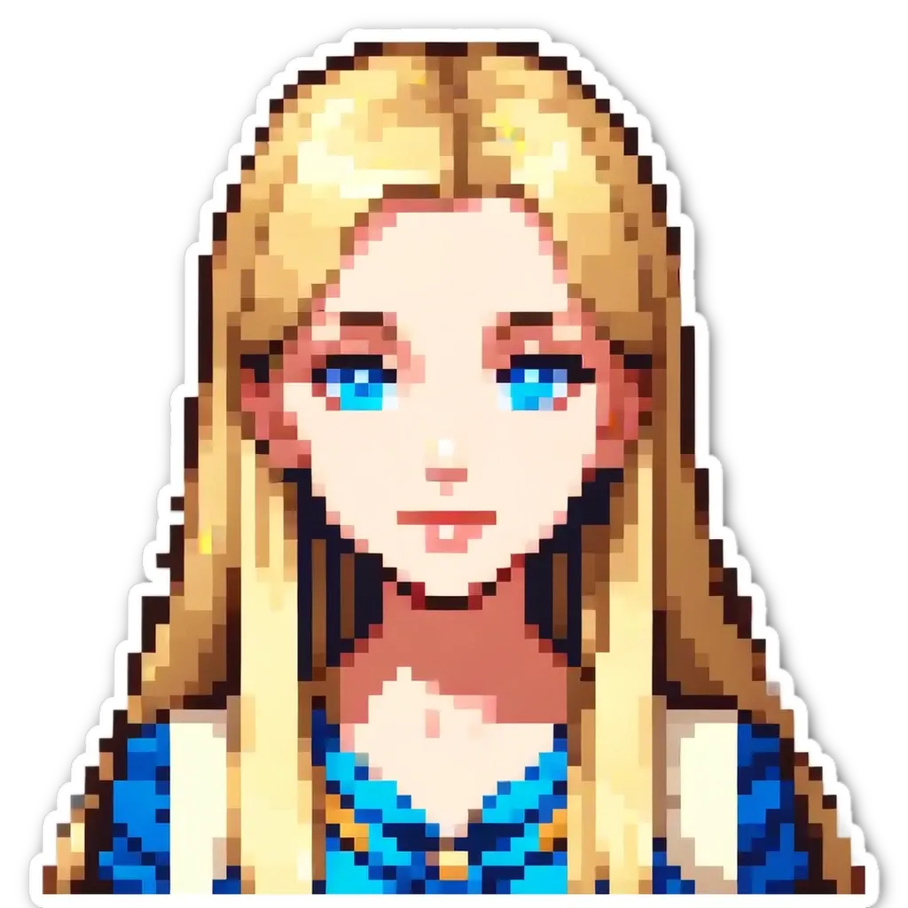 A girl with blue eyes and long blonde hair in a sticker.