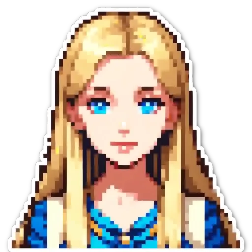 A girl with blue eyes and long blonde hair in a sticker.