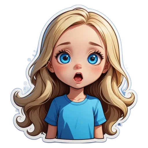 A girl with blue t-shirt and blue eyes.