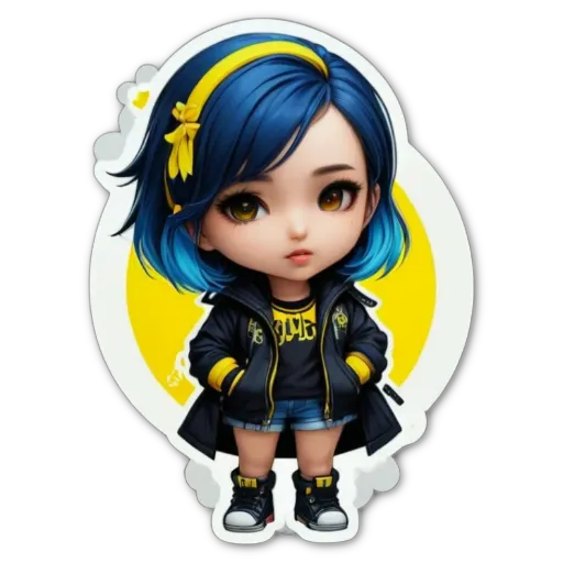 A girl is wearing a black jacket and blue skirt, and the bottom of her skirt is yellow.