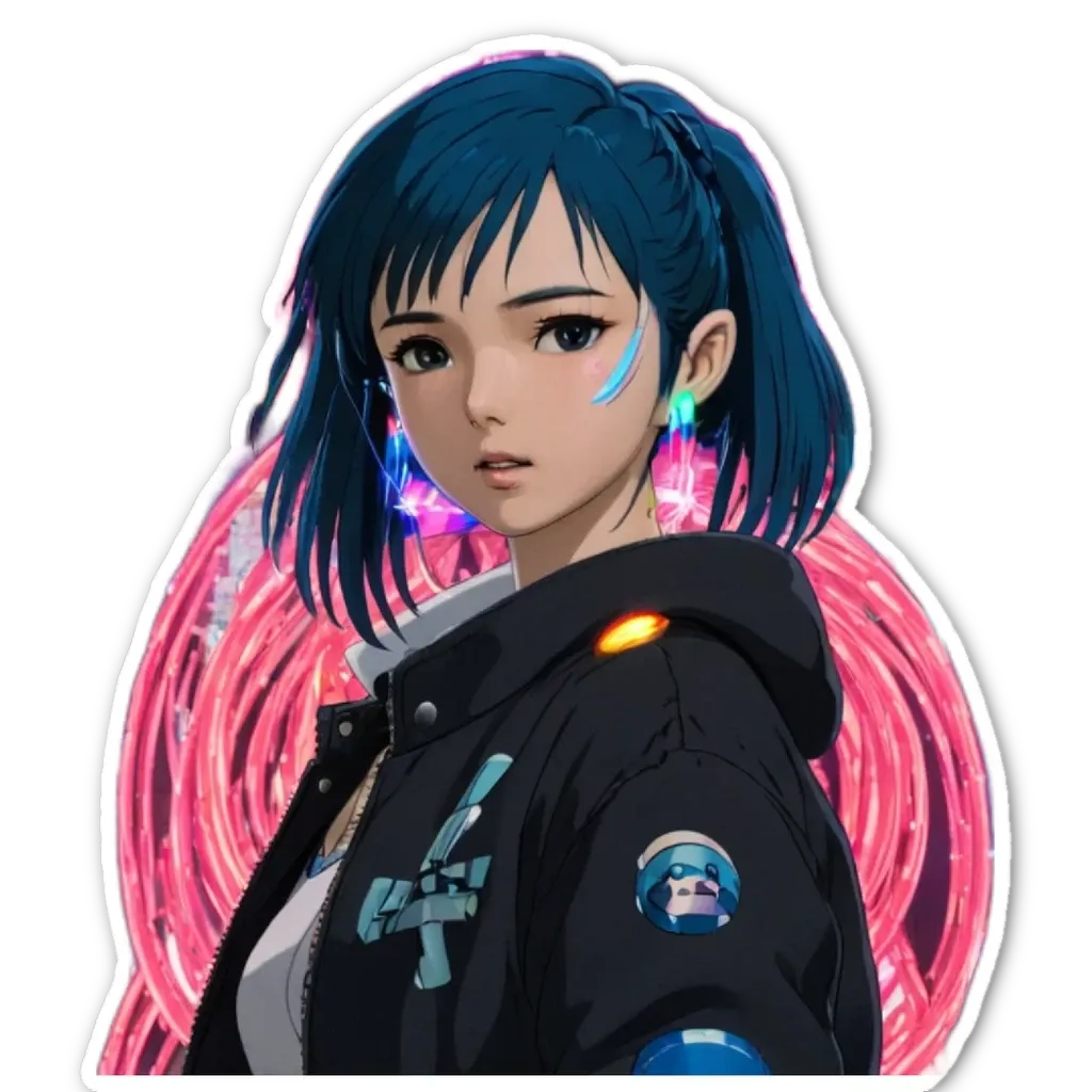 A sticker of a girl with blue hair that is on a black background.