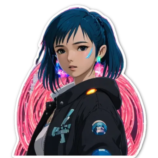 A sticker of a girl with blue hair that is on a black background.