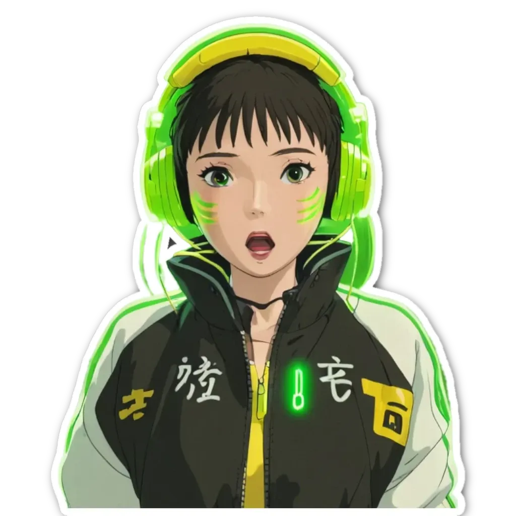 A girl with a green jacket and green headphones is wearing a black jacket.