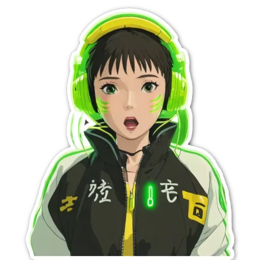 A girl with a green jacket and green headphones is wearing a black jacket.