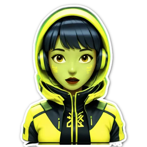 A sticker of a girl wearing a yellow and black jacket.