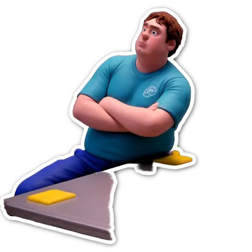 A sticker of a fat man with a blue shirt who is upset.