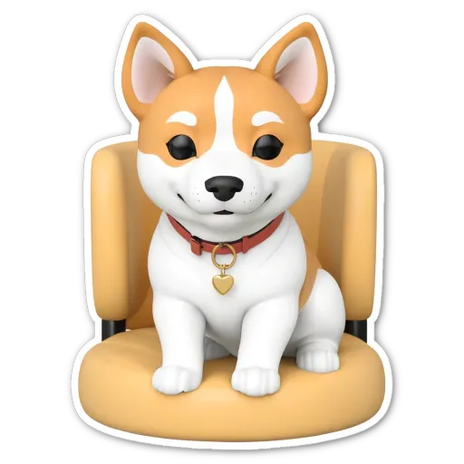 A cartoon dog sitting in a chair with a heart on a collar.