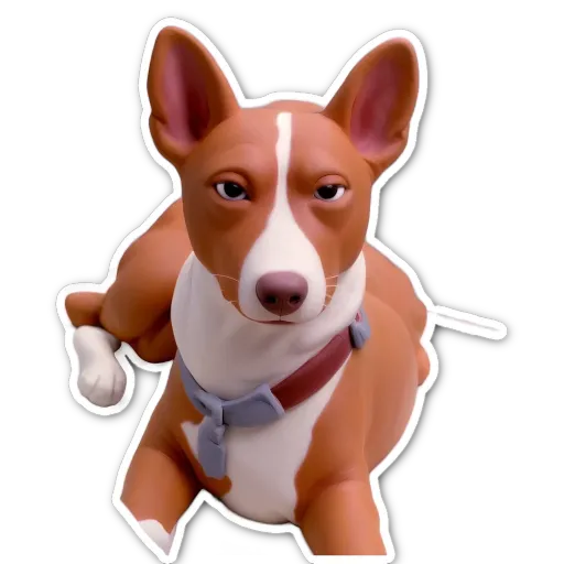 A sticker of a dog with a grey collar and white paws.