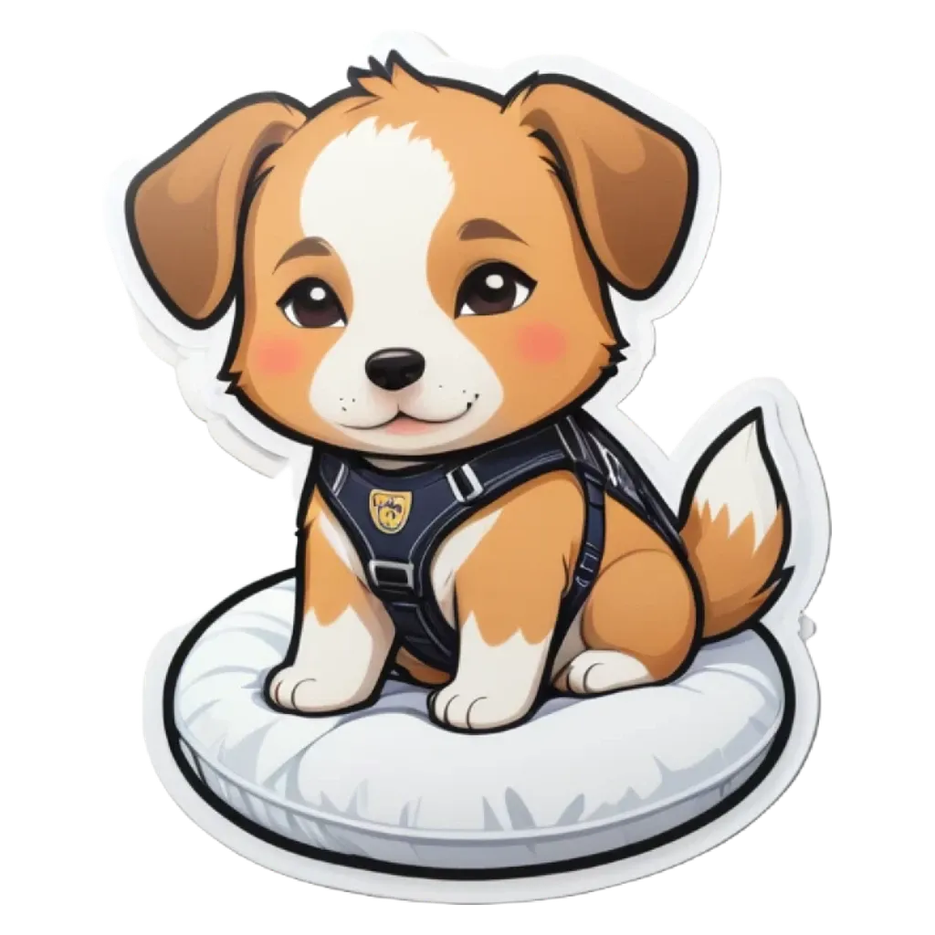 A cartoon dog that is wearing a police dog harness.