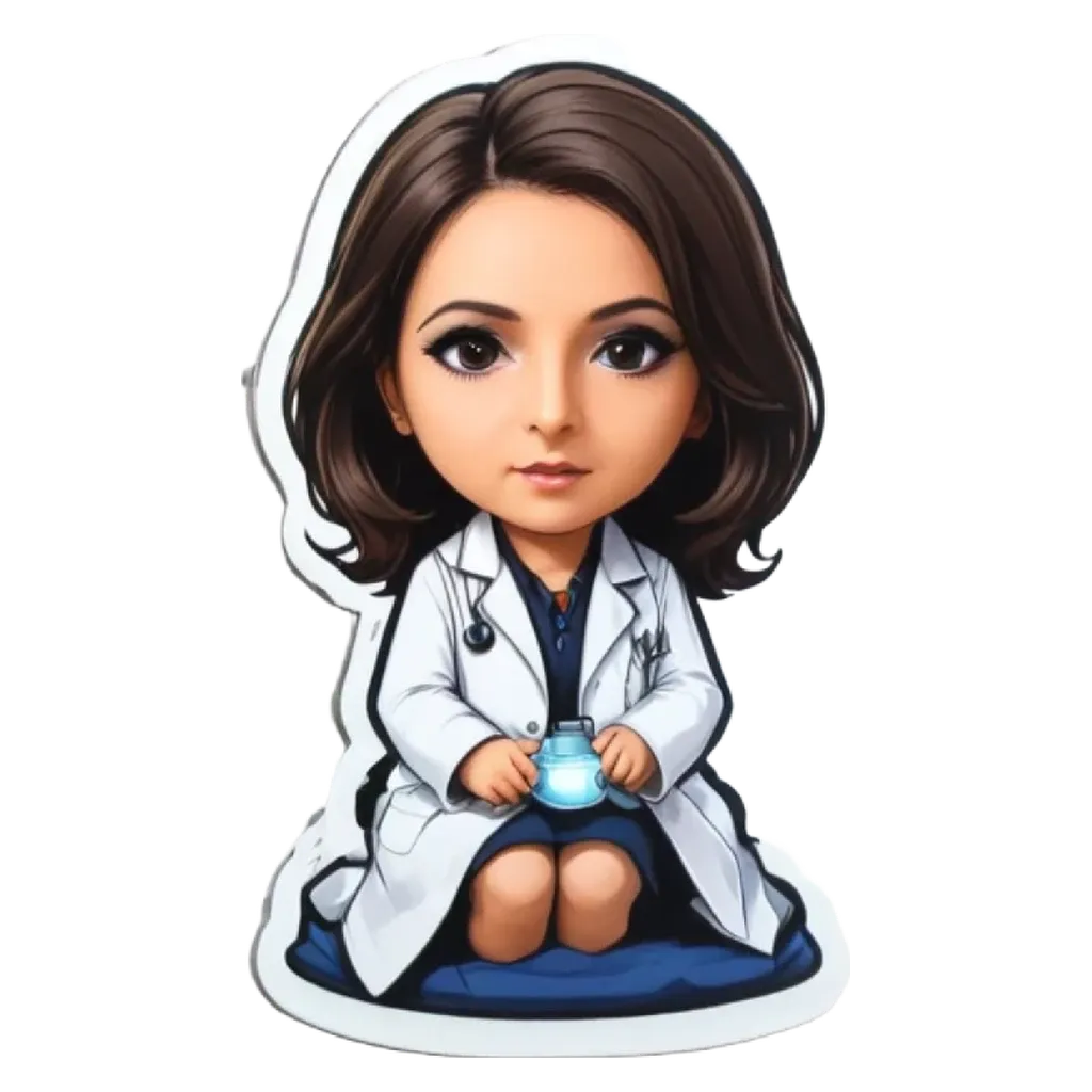 A cartoon picture of a woman doctor holding a jar.