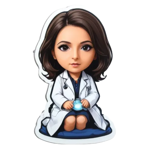 A cartoon picture of a woman doctor holding a jar.
