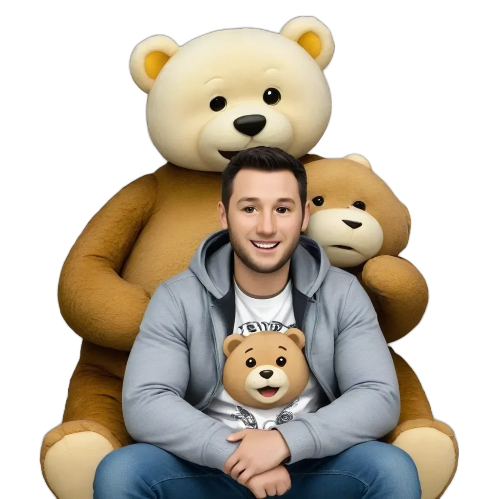 A man with a teddy bear shirt is sitting next to two stuffed bears.