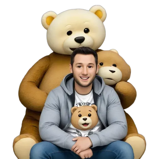 A man with a teddy bear shirt is sitting next to two stuffed bears.