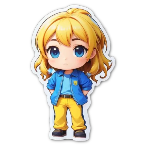 A girl is standing with her hands in her pockets and wearing a blue jacket and yellow pants.