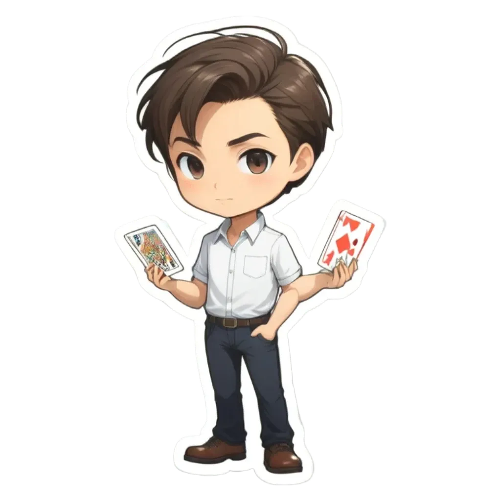 A boy holding two cards in his hands.