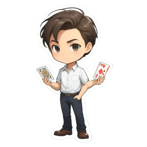 A boy holding two cards in his hands.