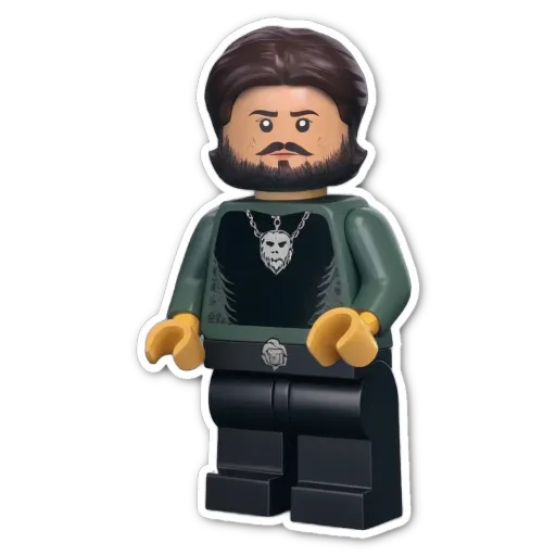 A black and grey lego person with a skull necklace.