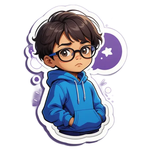 A boy wearing a blue hoodie stands with his hands in his pockets.