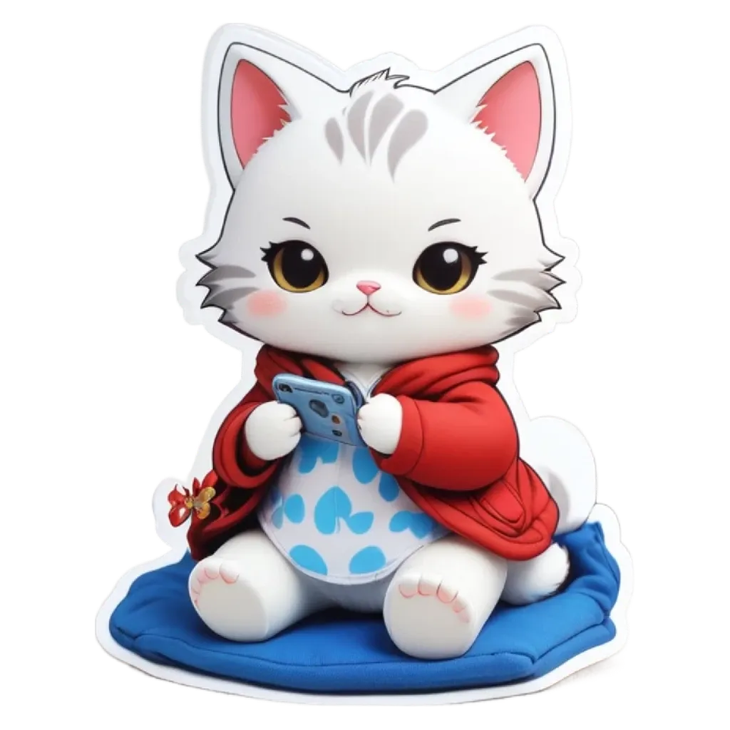 A white cat sitting on a blue and red bag with a phone in its paws.
