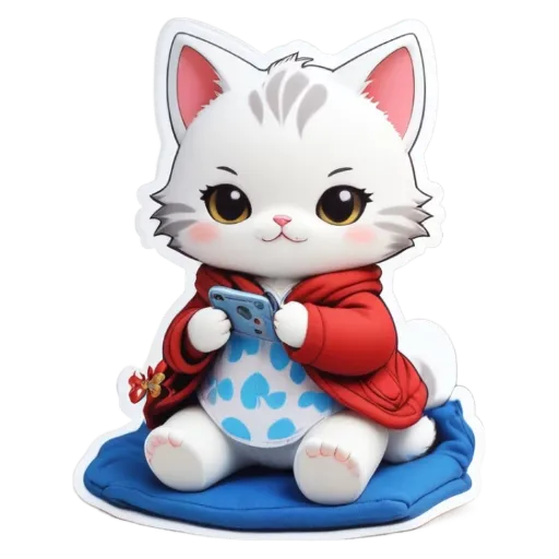 A white cat sitting on a blue and red bag with a phone in its paws.
