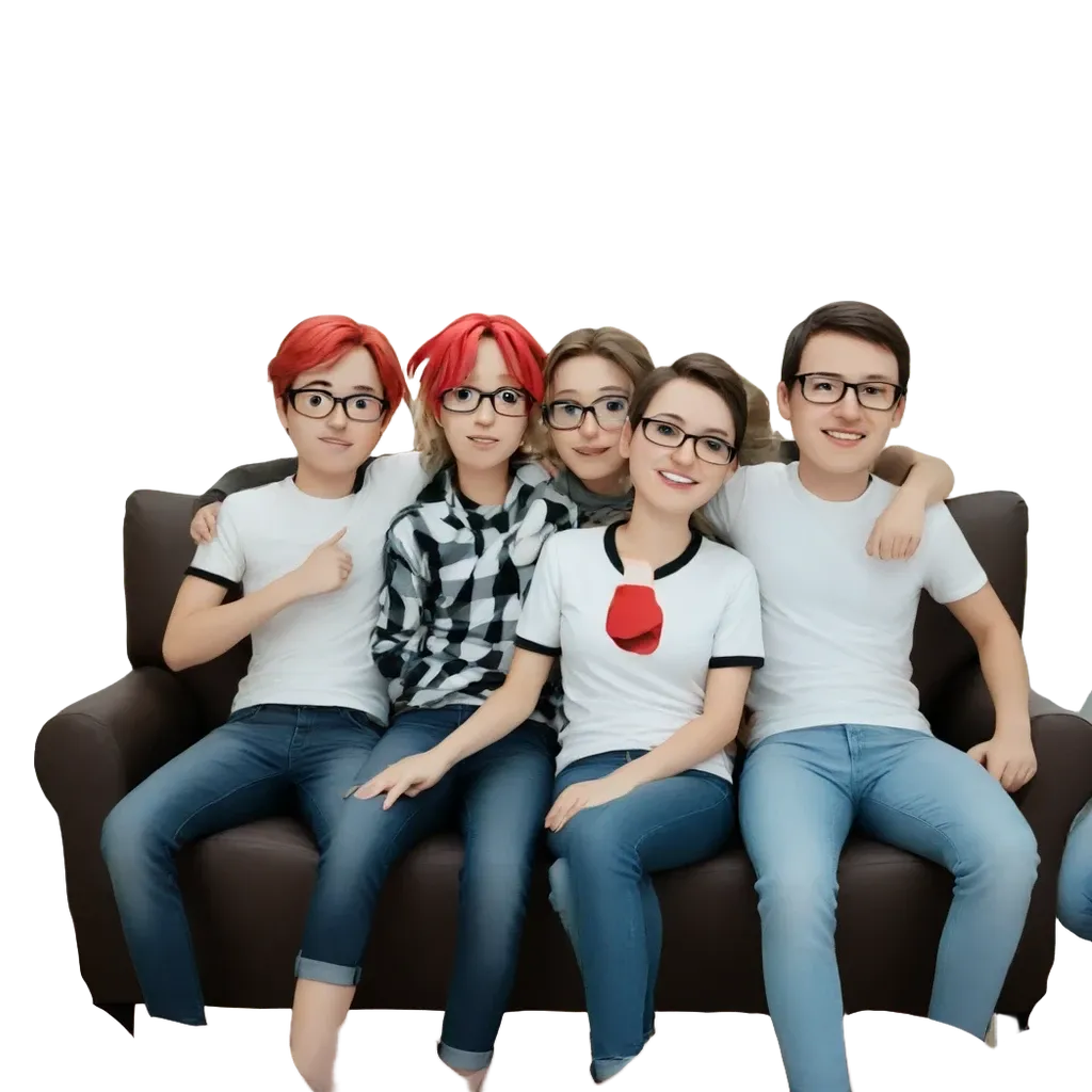 Five people sitting on a couch wearing glasses and red hair.