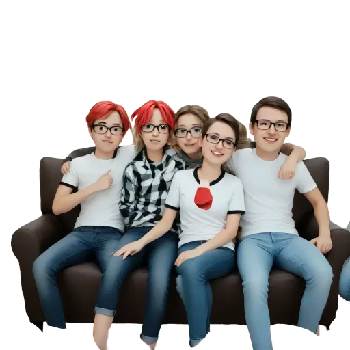Five people sitting on a couch wearing glasses and red hair.