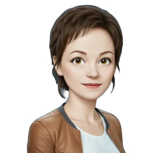 A woman with a brown jacket is smiling at the camera.