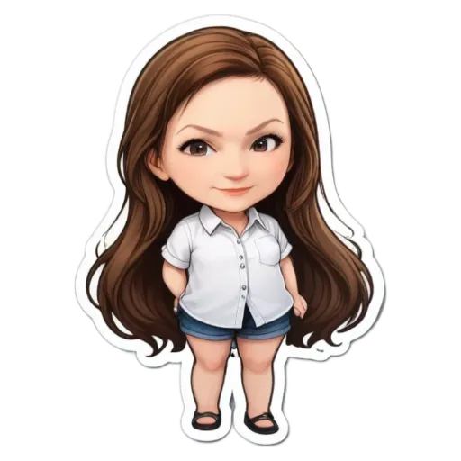 A sticker of a girl with long hair wearing a white shirt.