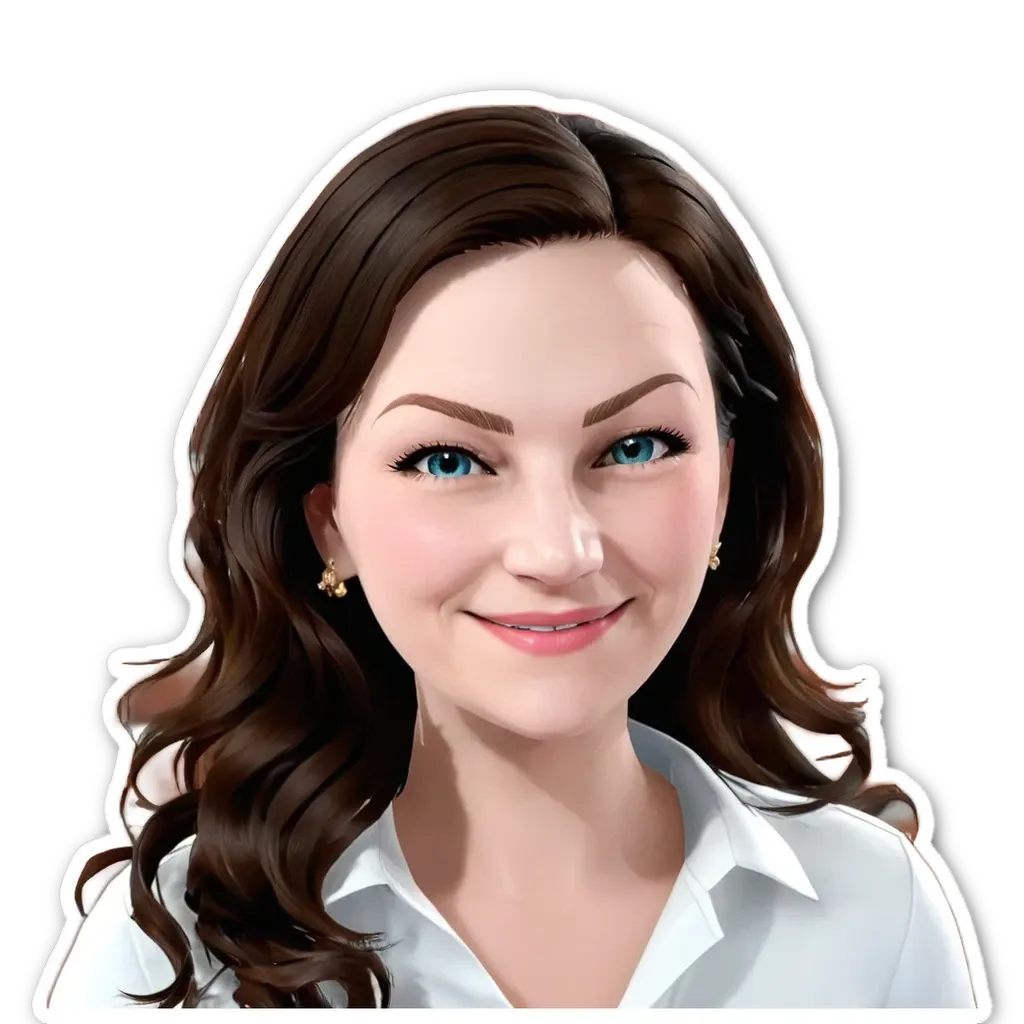 A woman with a white shirt and blue eyes.