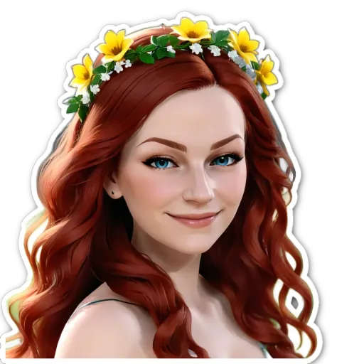 A redheaded girl wearing a yellow and white floral crown.