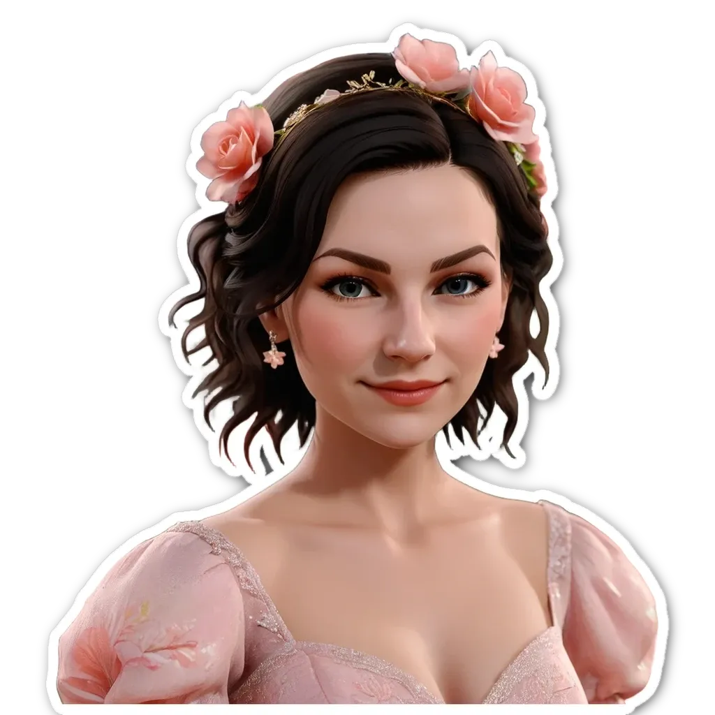 A woman with a headband and pink flowers on her hair.