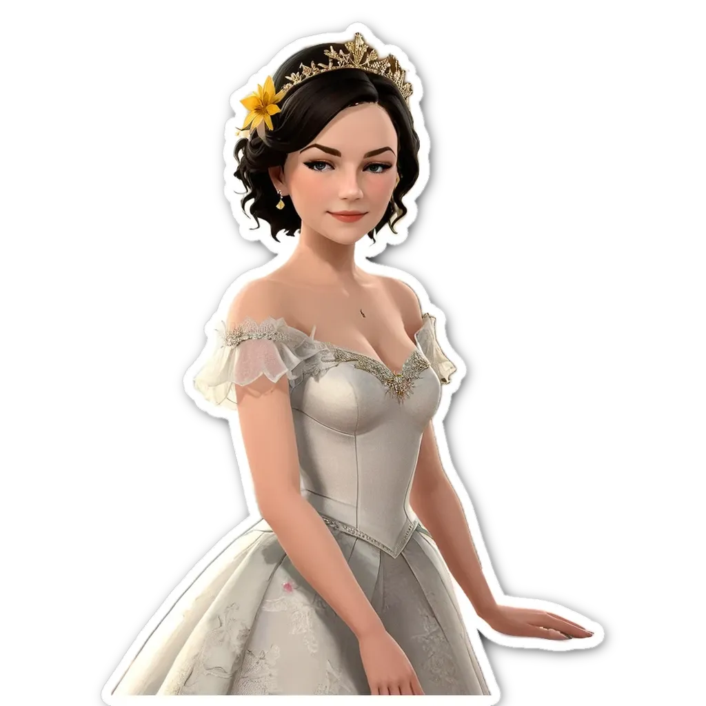 A woman wearing a white dress is standing in front of a black background.