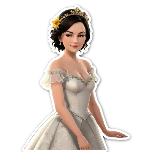 A woman wearing a white dress is standing in front of a black background.