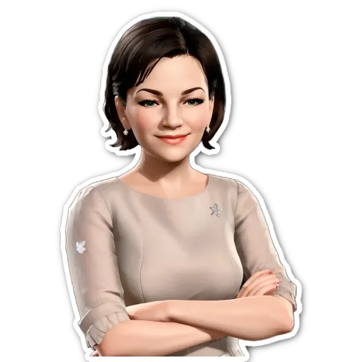 A woman is standing with her arms crossed in front of a white background.