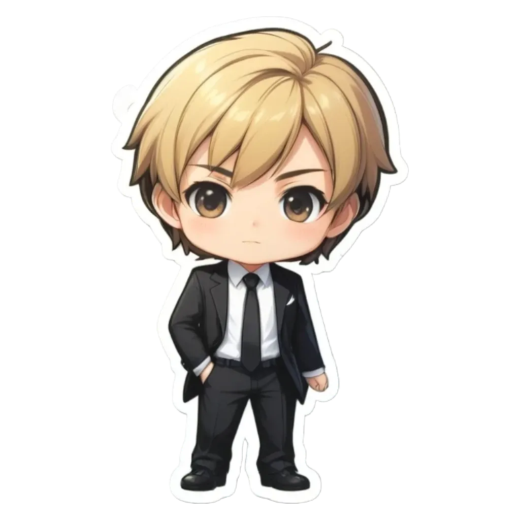 A boy is wearing a black suit and white shirt.