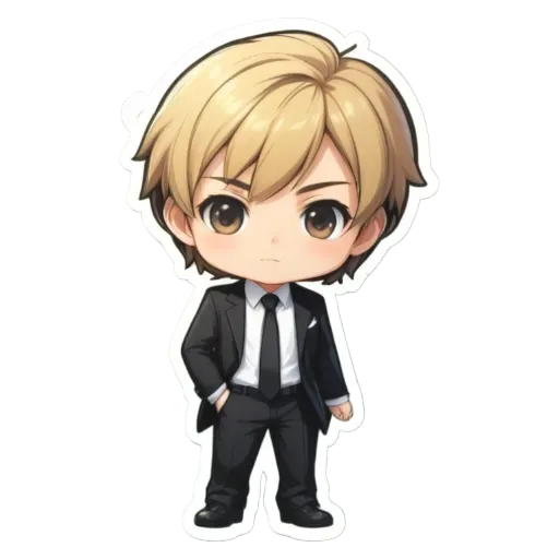 A boy is wearing a black suit and white shirt.