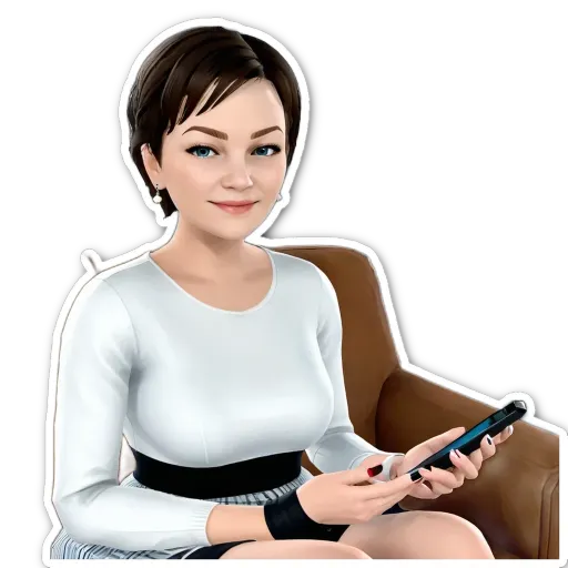 A woman holding a cell phone in her right hand.