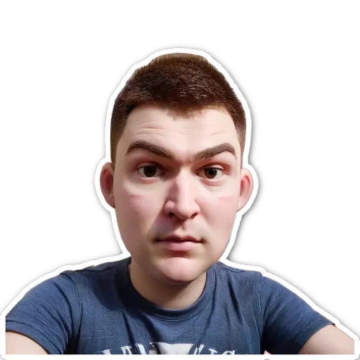 A sticker of a man's face with a short beard and green eyes.