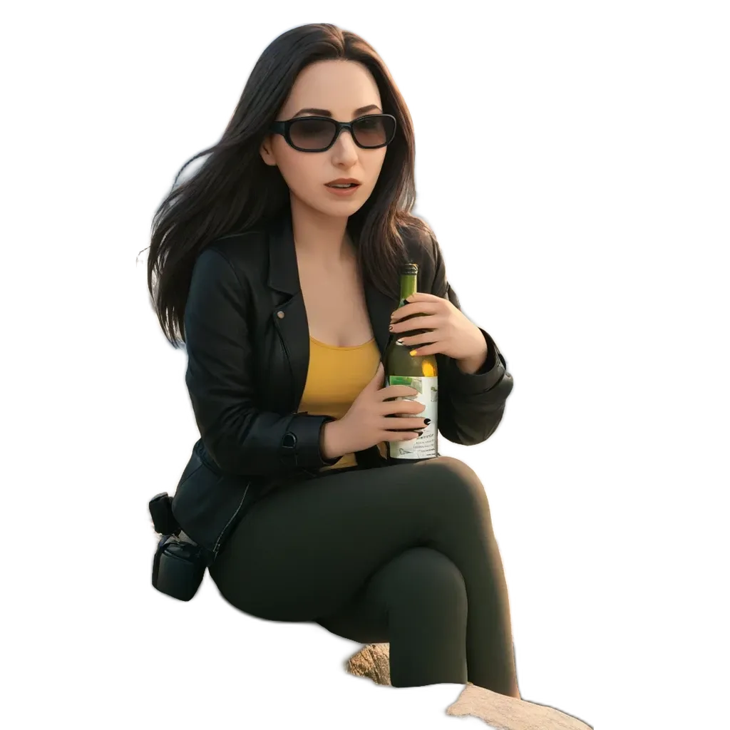A woman wearing a black jacket and sunglasses is holding a bottle of wine.