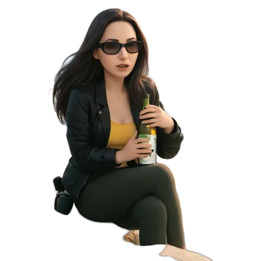 A woman wearing a black jacket and sunglasses is holding a bottle of wine.