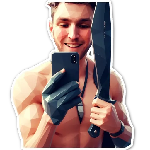 A man is holding a cell phone and a multi-edged sword.