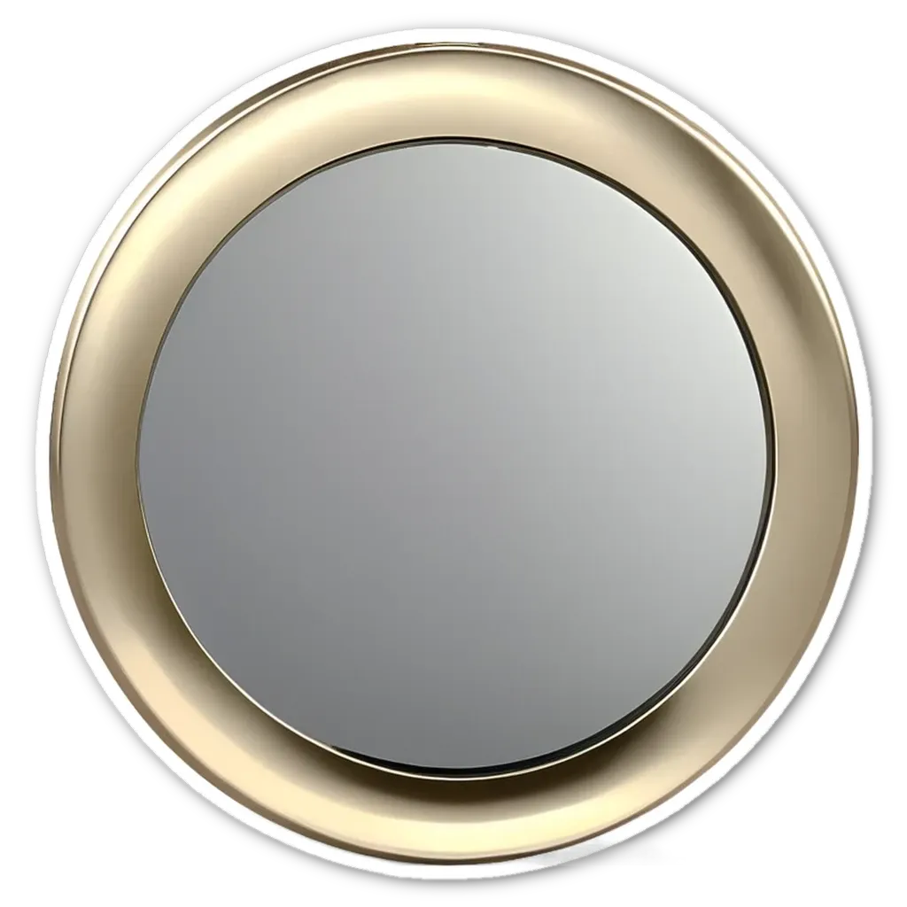 A gold and white circular mirror with a button in the center.
