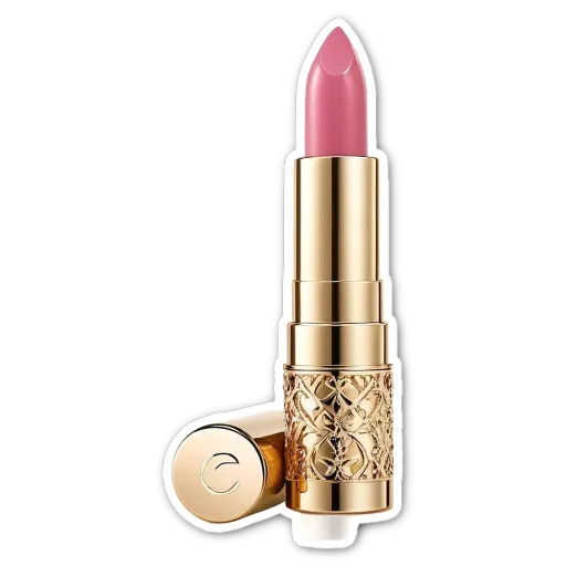 A gold and pink lipstick is displayed on a black background.