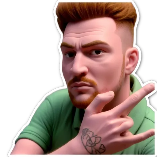 A man with a green shirt and a hand with a peace sign.