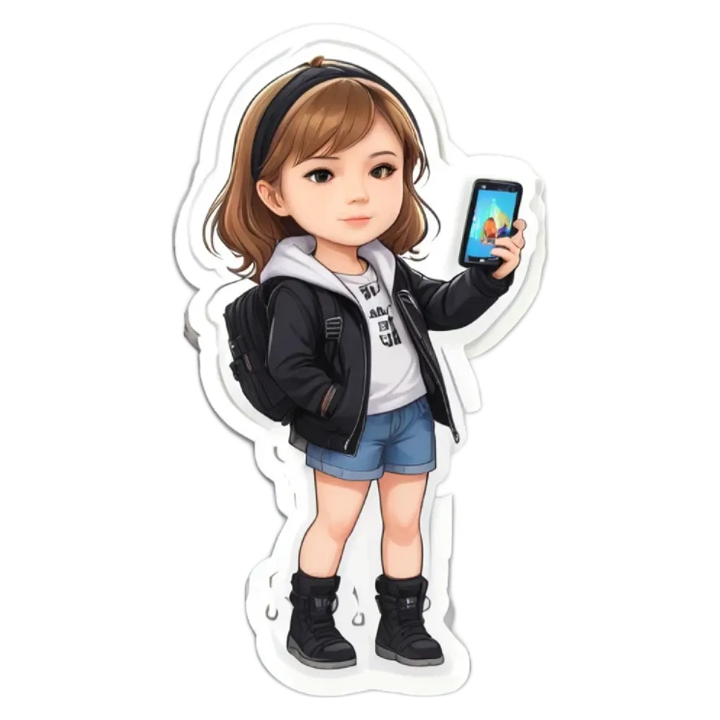 A girl holding a cell phone in a cartoon character.