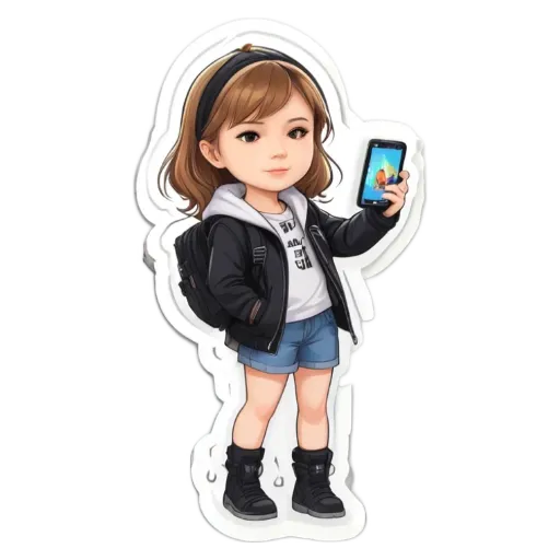 A girl holding a cell phone in a cartoon character.