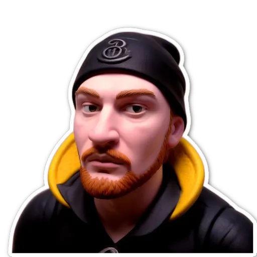 A sticker of a man with a beard and hat.