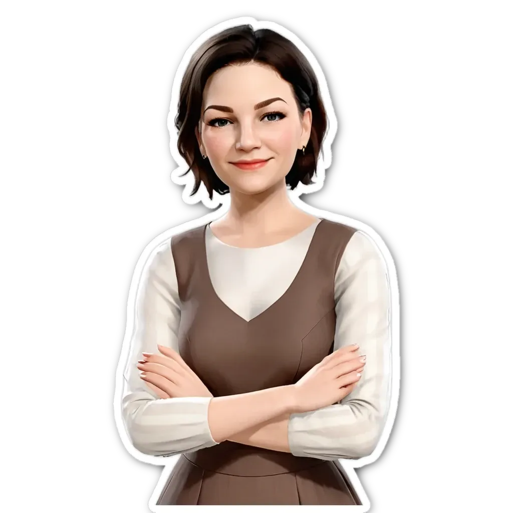 A woman wearing a brown and white shirt with her arms crossed.
