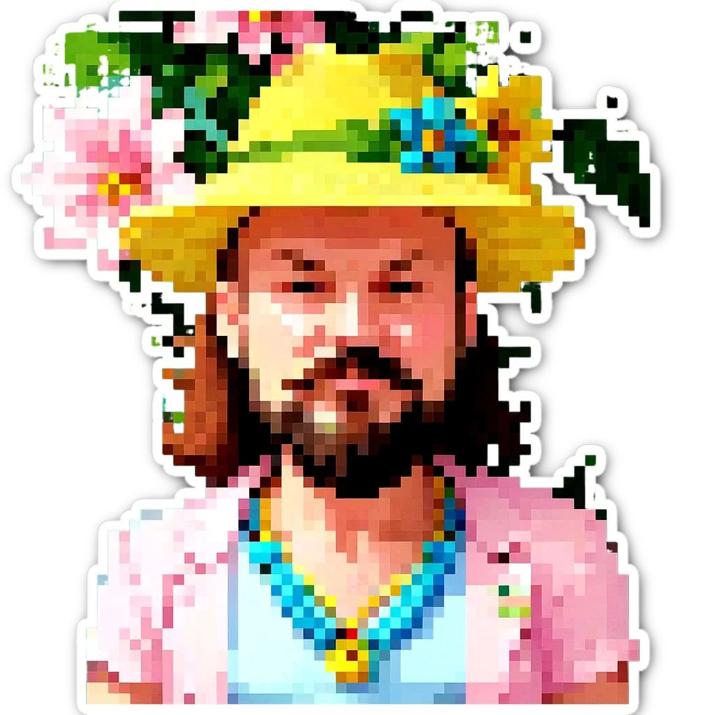 A man is wearing a hat and has a flower in his hair.